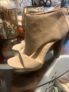 Open-Toe Suede Ankle Booties in Beige - Women’s High Heels